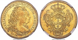 Maria I & Pedro III gold 6400 Reis 1778-R AU58 NGC, Rio de Janeiro mint, KM199.2. Lightly tinged an amber-peach, this well-struck specimen exhibits so...