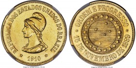 Republic gold 20000 Reis 1910 AU58 NGC, Rio de Janeiro mint, KM497, LMB-729. A supremely flashy specimen with an impressive degree of mirroring in the...