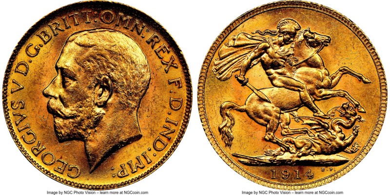 George V gold Sovereign 1914-C MS62 NGC, Ottawa mint, KM20. Mintage: 14,871. 
...