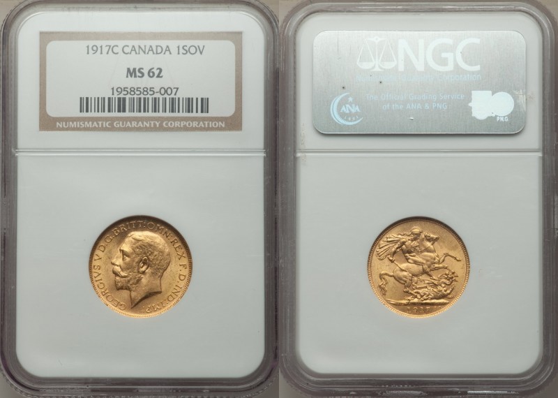 George V gold Sovereign 1917-C MS62 NGC, Ottawa mint, KM20. AGW 0.2355 oz. 

H...