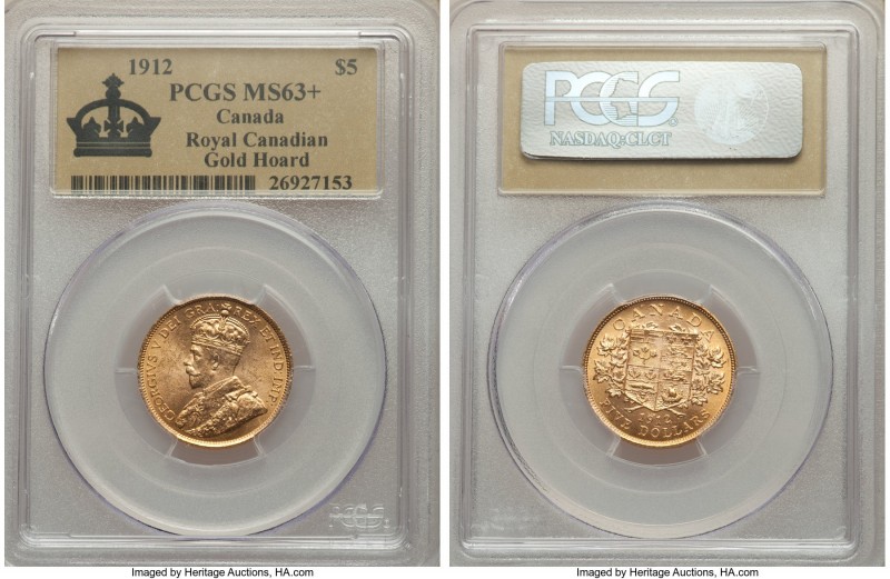 George V gold 5 Dollars 1912 MS63+ PCGS, Ottawa mint, KM27. AGW 0.2419 oz. Ex. R...