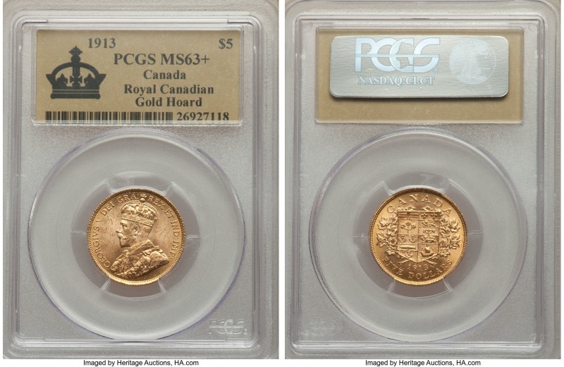 George V gold 5 Dollars 1913 MS63+ PCGS, Ottawa mint, KM27. AGW 0.2419 oz. Ex. R...