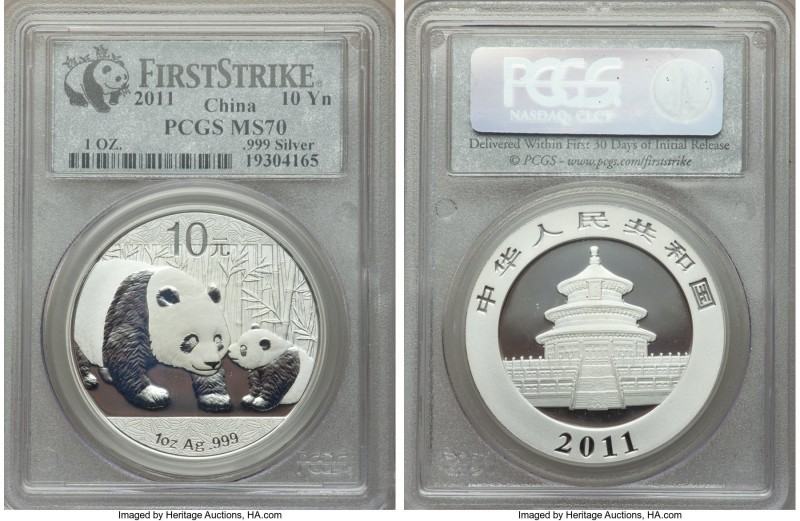 People's Republic 5-Piece Lot of Certified Panda 10 Yuan (1 oz) 2011 MS70 PCGS, ...