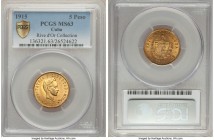 Republic gold 5 Pesos 1915 MS63 PCGS, Philadelphia mint, KM19. AGW 0.2419 oz. 

HID09801242017

© 2020 Heritage Auctions | All Rights Reserved