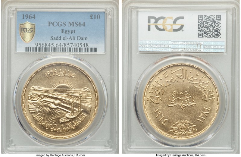 Arab Republic gold 10 Pounds AH 1384 (1964) MS64 PCGS, KM409, Fr-46. Commemorati...