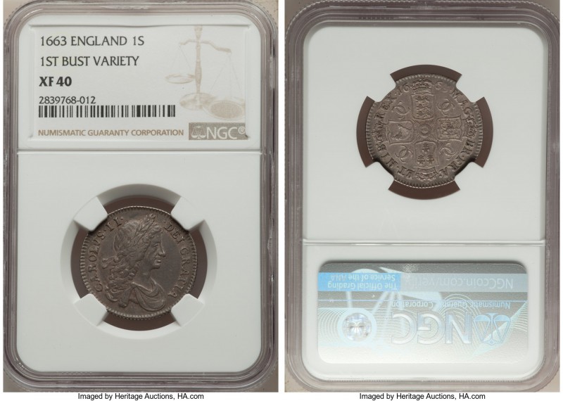 Charles II Shilling 1663 XF40 NGC, KM418.1. First Bust variety. A pleasingly ton...