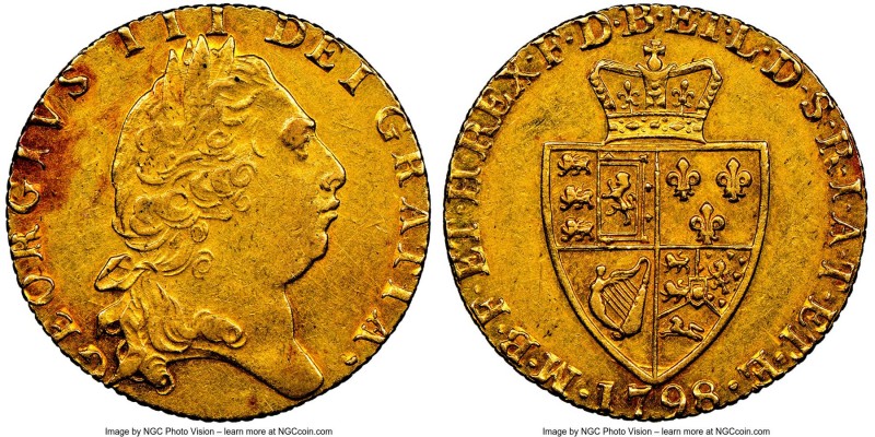 George III gold Guinea 1798 AU55 NGC, KM609, S-3729. Spade type. Lightly circula...