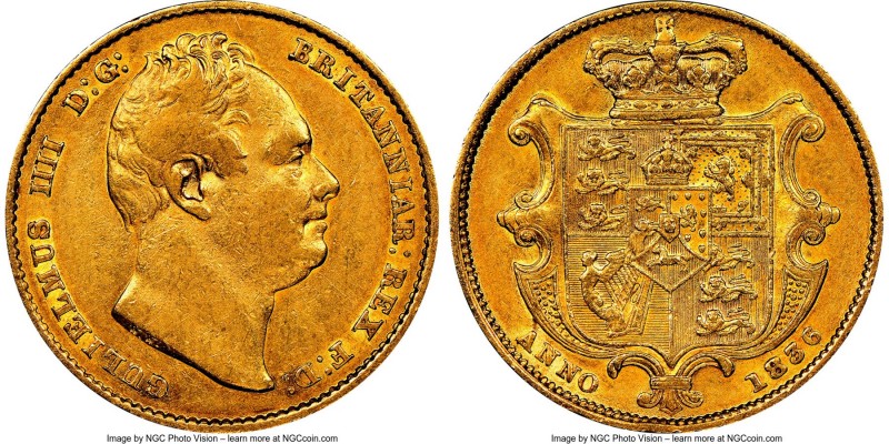 William IV gold Sovereign 1836 XF45 NGC, KM717, S-3829B. A moderately circulated...