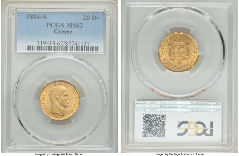 George I gold 20 Drachmai 1884-A MS62 PCGS, Paris mint, KM56. AGW 0.1867 oz. 
...