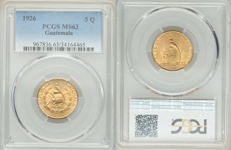 Republic gold 5 Quetzales 1926-(P) MS63 PCGS, Philadelphia mint, KM244. AGW 0.24...