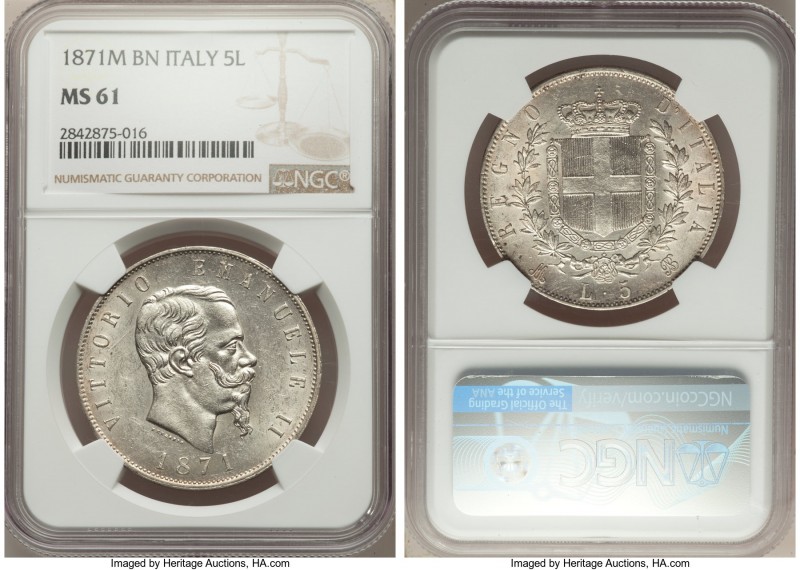 Vittorio Emanuele II 5 Lire 1871 M-BN MS61 NGC, Milan mint, KM8.3.

HID0980124...