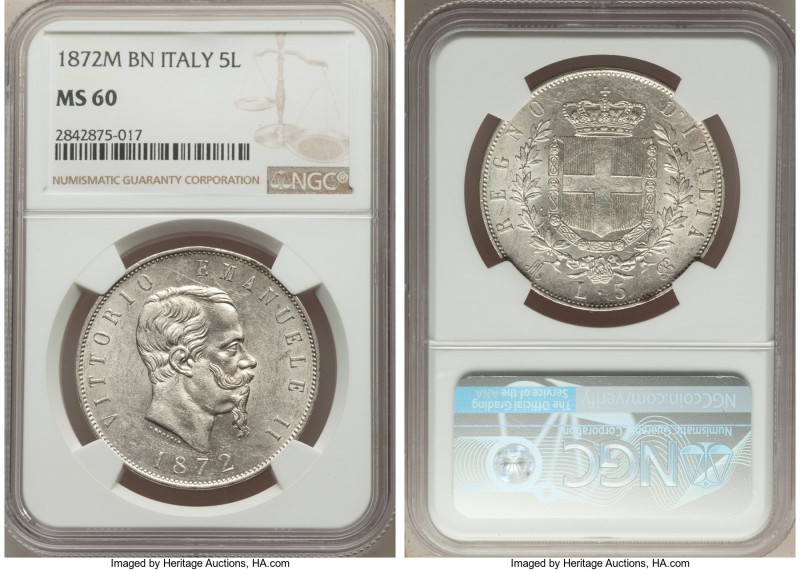 Vittorio Emanuele II 5 Lire 1872 M-BN MS60 NGC, Milan mint, KM8.3.

HID0980124...