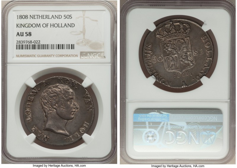 Kingdom of Holland. Louis Napoleon 50 Stuivers 1808-B AU58 NGC, Utrecht mint, KM...