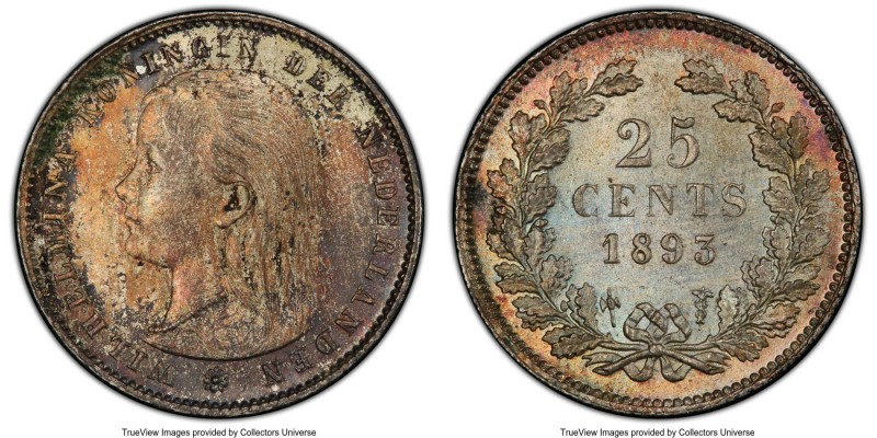 Wilhelmina 25 Cents 1893 MS64 PCGS, KM115. A near-gem example offering deeply to...