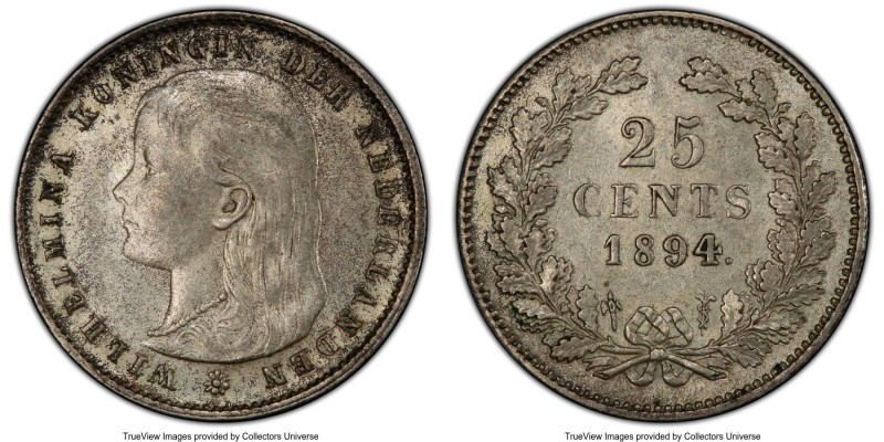 Wilhelmina 25 Cents 1894 AU58 PCGS, KM115. A difficult issue in better states of...