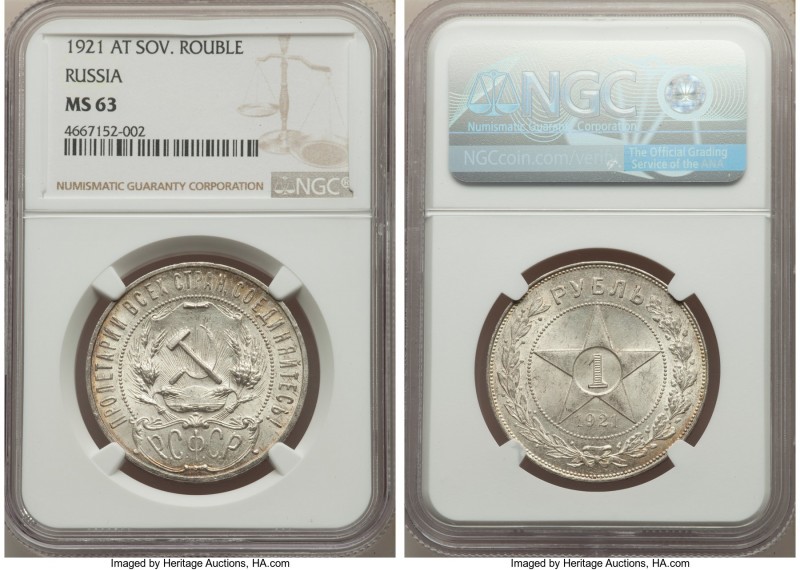 R.S.F.S.R. Rouble 1921-AГ MS63 NGC, KM-Y84. A brilliant example whose peripherie...