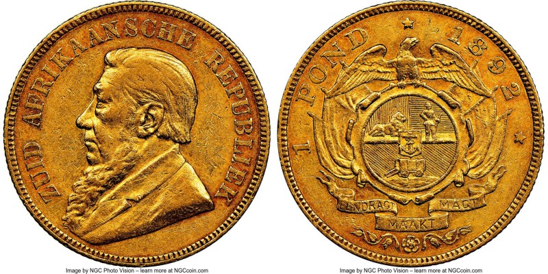 Republic gold "Double Shaft" Pond 1892 AU55 NGC, Pretoria mint, KM10.1. One-year...