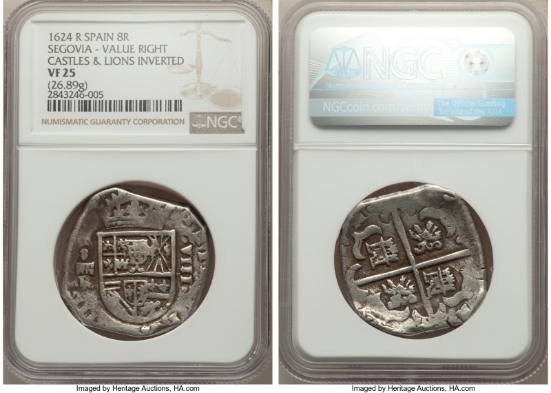 Philip IV Cob 8 Reales 1624-R VF25 NGC, Segovia mint, KM75, Cal-550. 26.89gm. Ca...