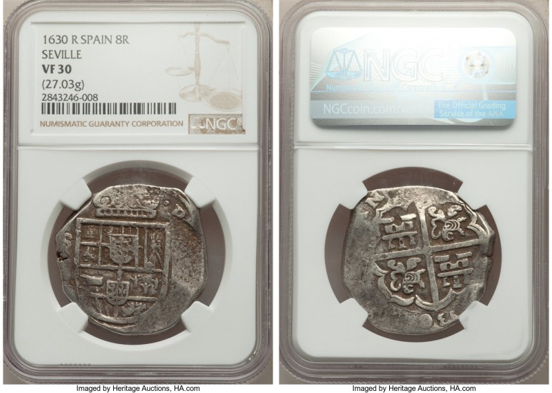 Philip IV Cob 8 Reales 1630 S-R VF30 NGC, Seville mint, KM-80, Cal-603. 27.03gm....