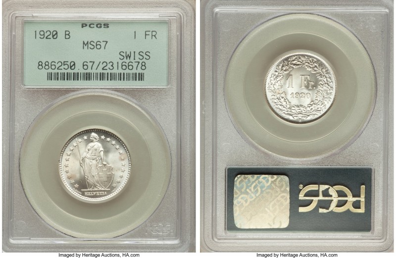 Confederation Franc 1920-B MS67 PCGS, Bern mint, KM24. An impressive gem selecti...