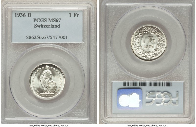 Confederation Franc 1936-B MS67 PCGS, Bern mint, KM24. Blast white and displayin...