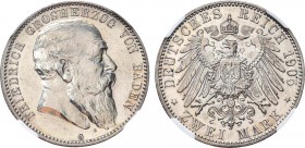 German empire. Grand Duchy of Baden. Grand Duke Friedrich I. 2 Mark 1905. Silver. In holder NGC PF 62. Германская империя. Великое герцогство Баден. В...