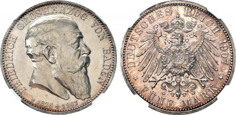 German Empire. Grand Duchy of Baden. Grand Duke Friedrich I. 5 Mark 1907. Silver...