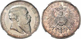 German Empire. Grand Duchy of Baden. Grand Duke Friedrich I. 5 Mark 1907. Silver. In holder NGC PF 61. Германская Империя. Великое герцогство Баден. В...