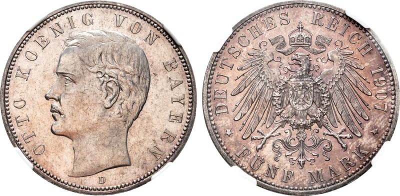 German Empire. Королевство Бавария. Король Отто I. 5 марок 1907 года. In holder ...