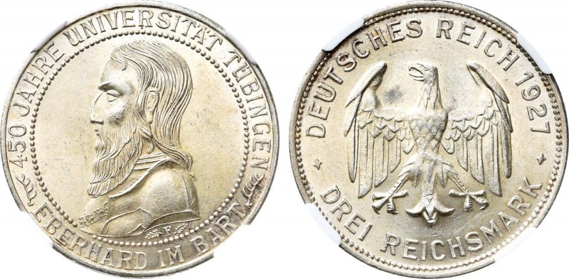 Germany (Weimar Republic). 3 Mark 1927. In holder NGC MS 63. Германия (Веймарска...