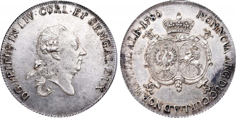 Герцогство Курляндия. Герцог Петр Бирон. Талер 1780 года. In holder NGC MS 61.
...