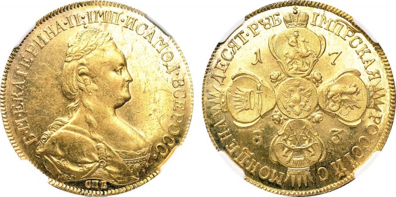 10 рублей 1783 года. СПБ-ТI. In holder NGC MS 61.

 Золото. Уздеников 0152(•)....