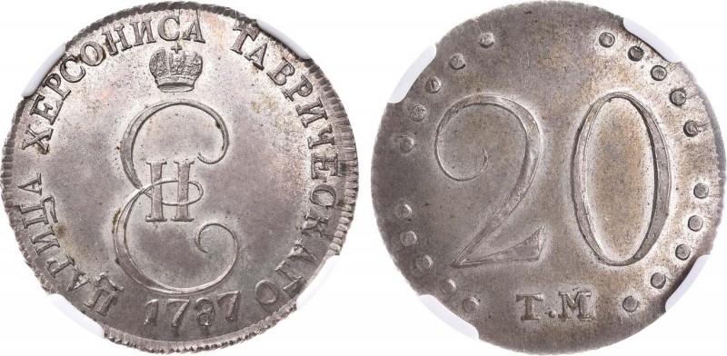 20 копеек 1787 года. ТМ. In holder NGC MS 63.

 Серебро. Таврический монетный ...