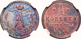 1/2 копейки 1883 года. СПБ. In holder NGC PF 65 RB.

 Медь. Уздеников 3813. Биткин 193. Казаков 604(R2). Brekke 269, 16. PF 65 RB. 
 
 Привлекател...