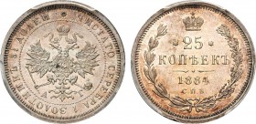 25 копеек 1884 года. СПБ-АГ. In holder PCGS MS 62 PL.

 Серебро. Тираж 2004 экз. Уздеников 1990(•). Биткин 58(R1). 7 рублей по Петрову. 3 рубля по И...