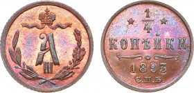 1/4 копейки 1893 года. СПБ. In holder NGC PF 65 RB.

 Медь. Уздеников 3857. Биткин 216. Казаков 789(R). Brekke 269, 13. PF 65 RB. 
 
 Великолепный...