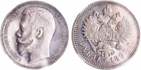 1 рубль 1897 года. АГ-(АГ). In holder ННР PF 62.

 Серебро. На гурте (А•Г). Уздеников 2077. Биткин 41. Казаков 76(R2). PF 62. 
 
 Привлекательный ...