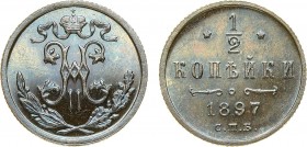 1/2 копейки 1897 года. СПБ. In holder NGC PF 65 BN.

 Медь. Бирмингемский монетный двор. Уздеников 3877. Биткин 293. Казаков 96 (R). Brekke 274, 15....