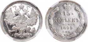15 копеек 1899 года. СПБ-ЭБ. In holder NGC PF 66 ULTRA CAMEO.

 Серебро. Реверс: последние цифры года "99 " удалены друг от друга. Уздеников 2107. Б...