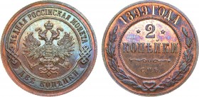 2 копейки 1899 года. СПБ. In holder NGC PF 64 RB.

 Медь. Завод Розенкранца в Санкт-Петербурге. Уздеников 3885. Биткин 301. Казаков 191(R). Brekke 2...
