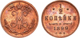 1/2 копейки 1899 года. СПБ. In holder NGC PF 63 RB.

 Медь. Завод Розенкранца в Санкт-Петербурге. Уздеников 3887. Биткин 307. Казаков 195(R). PF 63 ...
