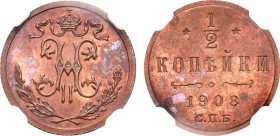 1/2 копейки 1908 года. СПБ. In holder NGC PF 64 BN.

 Медь. Уздеников 3918. Биткин 268. Казаков 350(R). Brekke 274, 19. PF 64 BN. 
 
 Привлекатель...