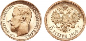 5 рублей 1909 года. АГ-(ЭБ). In holder NGC PROOF Details.

 Золото. Уздеников 0354(–). Биткин 34(R). Казаков 360(R3). PROOF Details. 
 
 Привлекат...