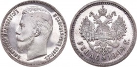 1 рубль 1909 года. АГ-(ЭБ). In holder NGC PF 64.

 Серебро. Уздеников 2171(•). Биткин 63(R). Казаков 362(R3). PF 64. 
 
 Отборный коллекционный эк...