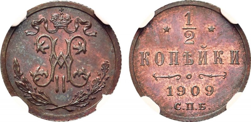 1/2 копейки 1909 года. СПБ. In holder NGC PF 65 BN.

 Медь. Уздеников 3922. Би...