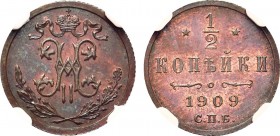 1/2 копейки 1909 года. СПБ. In holder NGC PF 65 BN.

 Медь. Уздеников 3922. Биткин 269. Казаков 371(R). Brekke 274, 20. PF 65 BN. 
 
 Отборный кол...