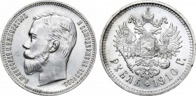 1 рубль 1910 года. АГ-(ЭБ). In holder NGC MS 62.

 Серебро. Уздеников 2177(•). Биткин 64(R). Казаков 378(R1). MS 62. 
 
 Отборный коллекционный эк...