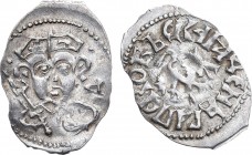 Псковская республика. Денга 1460-1510 гг .

 Серебро. 0,66г. Аверс: барс вправо, круговая легенда. Реверс: князь Довмонт с мечом, литера "Д " справа...