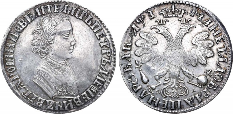 1 рубль 1705 года. МД. Дата "҂АѰƎ". Перечекан на талере.

 Серебро. 28,02г. Ка...