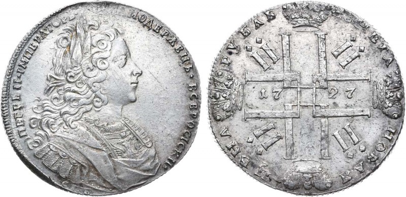 1 рубль 1727 года. СПБ .

 Серебро. 28,16г. Санкт-Петербургский монетный двор....